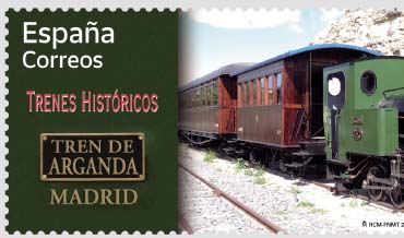 Sellos:Tren de Arganda. Madrid y Justa Freire.